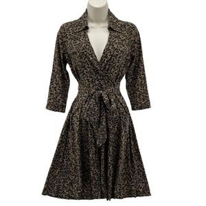 Talbots Midi Dress Womens 2 Petite Brown Animal Print Wrap Front Pockets Belt